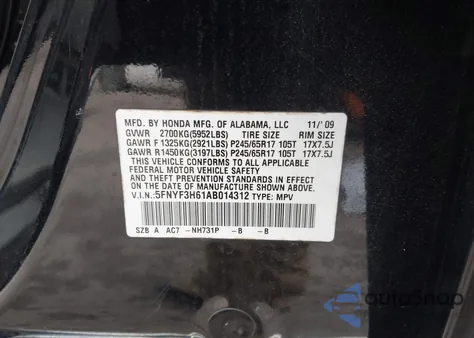 2010 Honda Pilot Ex-L z USA, uszkodzony, nr VIN 5FNYF3H61AB014312
